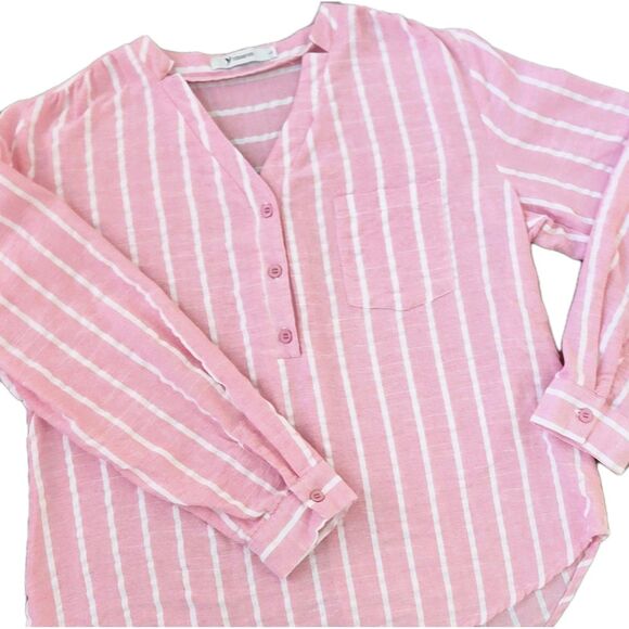 Yidarton Tops - Yidarton Women’s Pink White Striped Blouse Size Large V-Neck Long Sleeve Linen
